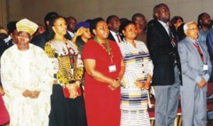L-R: First Executive Governor of Lagos State, Chief Lateef Jakande, Commissioner for Commerce, Mrs Olusola Oworu,  Co-chairman, Lagos Economic Summit Group, Mrs Bola Adesola, Deputy Governor, Mrs Adejoke Orelope-Adefulire, Governor Babatunde Fashola and former President of Cape Verde, Mr Pedro Pires, at  the closing ceremony of Lagos Economic Summit 'Ehingbeti 2014' in Lagos, recently.