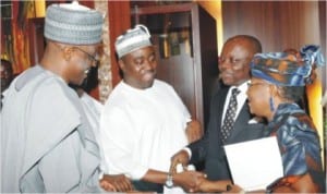 L-R: Governors  Abdulfatah  Ahmed of Kwara State, Gabriel Suswam of Benue State, Emmanuel Uduaghan of  Delta  State and Minister of Finance, Dr Ngozi Okonjo-Iweala, at the  National Economic Council meeting in Abuja, recently.