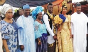 L-R: Senator Helen Esuene, Prof. Jerry Gana and wife Lucy, Groom, James, and bride  Jessy,  Governor Godswill Akpabio of Akwa Ibom State, at the  traditional marriage of son of Prof. Gana in Uyo, last Saturday.