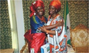 Wife of the Rivers State Governor, Dame Judith Amaechi in warm embrace with Mrs Chinyere Ogunsakin ,wife of the Rivers State Commissioner of Police, during a courtesy visit at Government House ,Port Harcourt, yesterday 