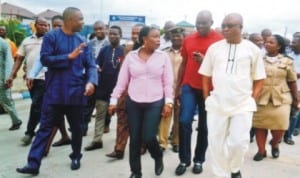 Chairman, Rivers State House of Assembly Committee on Environment, Hon Victoria Nyeche (middle), Committee members, Hon Ibiso Nwucha (3rd right) and Hon Anderson Miller (2nd left), Sole Administrator, Rivers State Environmental Sanitation Authority, Mr Ade Adeoyum (left), during the committee’s oversight function to the authority, recently.