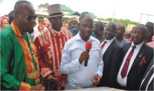 Rivers State Governor, Rt Hon Chibuike Amaechi (3rd left) flanked by Alabo T.O Graham-Douglas and Chairman, Akuku Toru LGA, Hon Theodore Gerogewill, at the commissioning of Chibuike Amaechi Modern Market in Abonnema