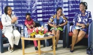 Wife of Rivers State Governor, Dame Judith Amaechi (right), Project Director, Port Harcourt World Book Capital, Koko Kalango, (2nd right), Nollywood stars, Chinedu Ikedieze (Aki) and Patience Ozokwor, at the Celebrity Reads session of the Port Harcourt World Book Capital ceremony at the Presidential Hotel, Port Harcourt, yesterday