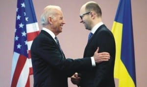 US Vice President Joe Biden (left), with Ukrainian Prime Minister Arsenly Yalsenyuk, during a meeting in Kiev, Ukraine, last Tuesday. Biden called on Moscow to encourage pro-Russia separatists in eastern Ukraine to vacate government buildings and check points, accept amnesty and “address their grievances politically”.