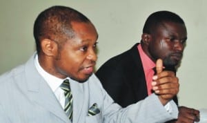 Lead Director, Centre for Social Justice, Mr Eze Onyekpere (left), with Legal Officer, Mr Kingsley Nnajiaka, at a briefing on the proposed scrapping of Fiscal Responsibility Commission in Abuja, last Wednesday.