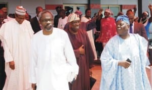 L-R: Former Military Head of State, General Muhammadu Buhari, House of Representatives Minority Leader, Mr Femi Gbajabiamila, APC Interim National Chairman, Chief Bisi Akande, at the Ilorin International Airport during their way back from Ogbomoso where former Governor of Lagos State, Chief Bola Tinubu was made Chancellor of Ladoke Akintola University of Technology last Wednesday.