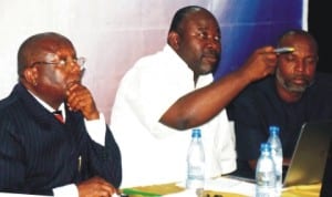 L-R: Representative of the Director, Agriculture and Fishery, Niger Delta Development Commission, Mr Akeodi Jonathan, Project Coordinator, Cassava Transformation Project, Port Harcourt, Mr Richardson Okechukwu and Professor of Agriculture Economics, Federal University of Technology, Owerri, Prof. Lemchi Jones, at the Niger Delta Community based natural resource management programme in Port Harcourt, yesterday.