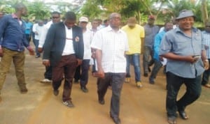 Senate Leader, Sen. Victor Ndoma-Egba, during the inspection of his constituency projects in Ikom, Cross River Central yesterday.