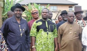 Rivers State Deputy Governor, Tele Ikuru (middle), Senator Magnus Abe (left) and Commissioner for Works, Victor Giadom (right), shortly after a function at Ikuru Town in Andoni LGA of the state, recently.