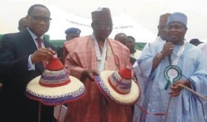 L-R: Minister of Trade and Investment, Dr Olusegun Aganga, Deputy Governor of Gombe State, Mr Tha'anda Rubainu and chairman, Board of Directors, Ashaka Cement Company, Alhaji Umaru Kwairanga, during the ground breaking ceremony for expansion of Ashaka Cement Company's premises in Ashaka, Gombe State last Friday. Photo: NAN 