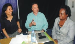 L-R: Country Programme Manager, International Fund for Agriculture and Rural Development, Mr Atsuko Toda, Consultant, Agricultural Economist Monitoring and Evaluation (U.K.), Mr Paul Schoen and National Programme Coordinator, International Fund for Agricultural Development, Mrs Irene Jumbo-Ibeakuzie, at the Niger Delta  Community Based  Natural  Resource Management Programme in Port Harcourt,  recently.