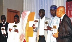 L-R: Lagos State Commissioner for Information and Strategy, Mr Lateef Ibirogba, Governor Rauf Aregbesola of Osun State, Governor Babatunde Fashola of Lagos State, representative of Governor Abiola Ajimobi of Oyo State, Prince Gbade Lana and Chairman, mtn, Mr Pascal Dozie, at the launch of a book titled: 'Giants of History' by Ibirogba in Lagos, recently. Photo: NAN