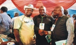 Member, House of Representatives, Hon. Morris Propnen (middle), having a handshake with Chief of Staff, Oyigbo Local Government Area, Hon. Innocent Ajaelu (right). With them is chairman, KAGOTE , Dr Peter Medee (left) during the APC State congress, last Saturday. Photo: Chris Monyenaga.