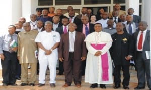 Deputy Vice Chancellor Academics,UNN, Prof. Polycarp Chigbo (middle) with officials of  Peace Mass Transit (PMT) during their courtesy call on the Vice Chancellor, University of Nigeria, Nsukka recently.