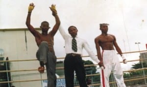 Kickboxer being declared winner during  workshop championship in Port Harcourt, Rivers State, recently.