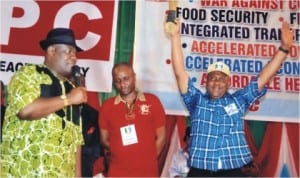 Rivers State Deputy Governor, Engr Tele Ikuru (left) who represented the governor, congratulating the newly elected state APC chairman, Chief Davis Ibiamu Ikanya (right) on his election, last Saturday in Port Harcourt. Middle is Engr Francis Ebitei a member of the state congress   committee.