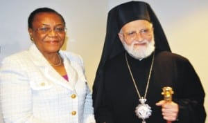 Nigeria’s Permanent Representative to the UN and President, Security Council for the month of April, Prof. Joy Ogwu (left), meets His Beatitude, Gregorios 111, the Patriarch of Antioch, at the UN Headquarters, New York, yesterday.