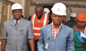 L-R: Minister of Power, Prof. Chinedu Nebo, Director-General, National Power Training Institute of Nigeria (NAPTIN), Mr Rueban Okeke and the Special Assistant to the Minister on Communication, Kande Daniel, during an inspection of projects at NAPTIN permanent site in Idu, Abuja.