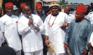 L-R: Anambra State  Commissioner for Information, Chief Tony Onyima, Secretary to Anambra State Government, Mr Oseloka Obaze, traditional  ruler of Ifitedunu,  Igwe Chukwuemeka Ilouno and a Community Leader in Ifitedunu,  Dr Gabby Nwankwo, at the donation of textbooks by the traditional ruler to 18 schools  within his community recently. Photo: NAN