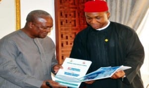 frsc Corps Marshal, Osita Chidoka (right), presenting frsc publications to President John Mahama of Ghana, during his working visit to Ghana last Thursday. Photo: NAN