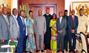 President John Mahama of Ghana (7th right), Frsc Corps Marshal, Osita Chidoka (6th right) and other officials from Nigeria and Ghana, during the visit of the Frsc Corps Marshal to Ghana last Thursday. Photo: NAN