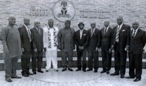 Governor Rochas Okorocha of Imo State with members of Imo State Non-Statutory Judicial Service Commission during their inauguration in Owerri, recently. Photo: NAN