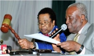 Chairman, National Conference, Justice Idris Kutugi (right) and the Vice, Prof. Bolaji Akinyemi, during  proceedings at the National Conference in Abuja, last Monday 