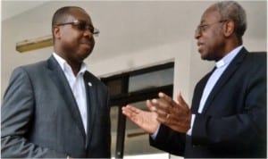 Chairman, newly reconstituted Rivers State Sustainable Development Agency Board, Rev Precious Omuku (right) conferring with Executive Director, RSSDA, Noble Pepple shortly after the screening and clearing of the board by the state House of Assembly in Port Harcourt, last Monday. Photo: Chris Monyanaga