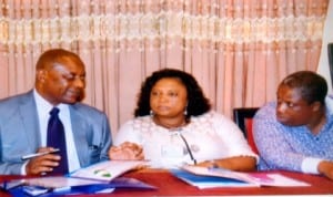 Representative of the Rivers State Commissioner for Budget and Economic Planning and Permanent Secretary, Sir Promise Njiowhor (left), with Permanent Secretary, Ministry of Agriculture, Mrs Otonye Okoye (right) and  Permanent Secretary, Ministry of Local Government Affairs, Dr Justina Jumbo, during SEEFOR/TVAT training on Grant Management and Administration in Port Harcourt  last Wednesday. Photo: Chris Monyanaga