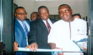 Rivers State Commissioner for Social Welfare & Rehabilitation, Hon Joe .P. Poroma (right), cutting the tape for official launching of Badiliko Digital Hub by the State Information & Communication Technology (ICT) Department, in partnership with British Council and Microsoft Cooperation, in Port Harcourt last Wednesday. With him are Special Adviser to the Rivers State Governor on ICT, Engr Goodliffe Nmekini (middle) and Commissioner for Finance, Hon Chamberlain S. Peterside. Pix: Egberi A. Sampson