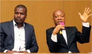 Chief Press Secretary to Rivers State Governor, Mr David Iyofor (left) and Rivers State Commissioner for Justice,  Mr Worgu Boms, addressing a news conference on the  suspension of the state chief judge in Port Harcourt, last Wednesday.