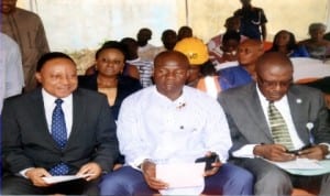 Secretary to Rivers State Government (SSG), Mr George Feyii (left), Chief of Staff, Sir Tony Okocha (middle), State Head of Service, Barr Samuel Long-John, at the ground-breaking ceremony for the new secretariat complex of Nigeria Union of Journalists (NUJ), Rivers State Council at the Ernest Ikoli Press Centre, Port Harcourt, recently.