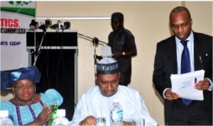L-R: The  Minister of Finance, Dr Ngozi Okonjo-Iweala; Supervising Minister of National Planning, Amb. Bashir Yuguda and Statistician-General of the Federation, Dr Yemi Kale, at the news conference on Re-basing of Nigeria's GDP in Abuja, yesterday