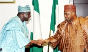 Vice President Namadi Sambo (right), with Minister of Transport, Senator Idris Umar, at the meeting on Kaduna Power Plant, Ge Rock Substation Fuel Storage, Railway-all Stakeholders, at the presidential villa in Abuja, recently. Photo: NAN