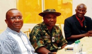 From Left: Director, News, Rivers State Television, Mr Obele Chu, Public Relations Officer, 2 Brigade, Maj. Micheal Etete and Assistant Secretary, Trade Union Congress, Rivers State,  Mr Raymond Benson, at the Peace and Security Conference in Port Harcourt last Thursday. Photo: NAN