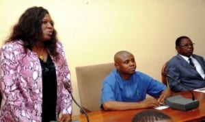 L-R:  Enugu inec head of publicity, Dr Chibonan Ekwo, Resident Electoral Commissioner, Dr Lawrence Azubuike and Administrative Secretary, Mr Uma Okorie, at the  voter education quiz competition for secondary schools in Enugu last Wednesday. Photo: NAN