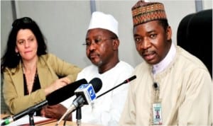 L-R: Head, Population and Nutrition Office, USAID, Dr Nancy Lowenthal, Acting Director, Disease Control and Immunisation, National Primary Health Development Agency (NPHCDA), Dr  Adamu Nuhu and NPHCDA Executive Director, Dr Ado Muhammad, at a news conference on 2014 Africa Vaccination Week in Abuja, yesterday