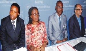 L-R: Corporate Affairs Manager, Nestle Nigeria Plc, Dr Samuel Adenekan, Marketing Service Director, Mrs Iquo Ikoh, Head of Nutrition Division, Federal Ministry of Health, Dr Chris Isokpuninu and Managing Director, Nestle Nigeria Plc, Mr Dharnesh Gordhon, at the Nestle’s Creating Shared Value Media Workshop in Lagos last Wednesday. Photo: NAN