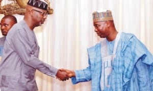 Governor Liyel Imoke of Cross River State (left), welcoming the Director-General, National Institute for Policy and Strategic Studies (Nipss), Prof. Tijani Mohammed-Bande, who led participants of the Institute's Course 36 on a courtesy visit to the Government House in Calabar last Tuesday. Photo: NAN