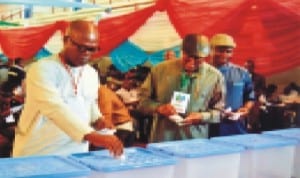 L-R: Member, House of Representatives, Hon. Barry Mpigi, former National Deputy Chairman, PDP, Dr Sam Sam Jaja and member, House of Representatives, Hon. Dakuku Peterside, casting their votes during Rivers State APC congress in Port Harcourt, recently. Photo: Chris Monyanaga