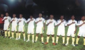 Gabon national team singing the country’s national anthem before an encounter with Super Eagles of Nigeria during African Cup of Nations qualification match recently