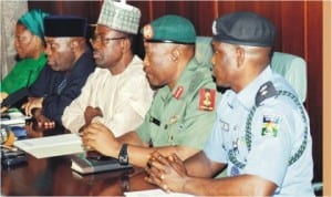 L-R: Spokes person of the State Security Services (SSS), Mrs Marilyn Ogar, Senior Special Adviser to the President on Public Affairs, Dr Doyin Okupe, Minister of Information, Mr Labaran Maku, Director of Defence Information, Maj.-Gen. Chris Olukolade and Force Public Relations Officer, Mr Frank Mba,  briefing State House correspondents after a Security Council Meeting with President Goodluck Jonathan at the Presidential Villa Abuja, last Friday 