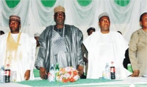 L-R: Secretary to Bauchi State Government, Alhaji Aminu Hammayo, Deputy Governor, Alhaji Sagir Saleh, Minister of Works/Supervising Minister of National Planning, Ambassador Bashir Yuguda and Secretary, National Planning Commission, Mr Ntufam Ugbo, during a Joint Planning Board (JPB) and National Council on Development Planning (NCDP) meeting in Bauchi, recently.