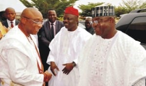 From Left: Chairman, Ulo Consult, Chief Uche Okpuno, Governor  Emmanuel Uduaghan of Delta State and Senate President David Mark, at the burial of the mother of Chief Okpuno,  Obi-Bridget, in Asaba last Saturday. Photo: NAN