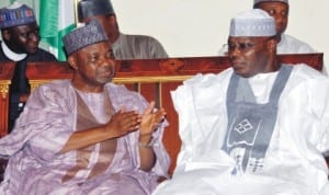 Vice President Namadi Sambo (left), with former Vice President , Alhaji Atiku Abubakar, who paid him a condolence visit over the death of his brother , Capt. Yusuf Sabo Sambo at Aguda House in Abuja recently. 