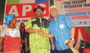 Rivers State Deputy Governor Tele Ikuru, congratulating the newly elected State Chairman, APC, Rivers State, Chief Davies Ikanya, recently. 