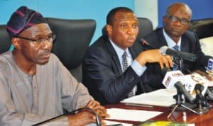 L-R: Special Adviser to Lagos State Governor on Environment, Mr Taofeek Folami, Lagos State Commissioner for Environment, Mr Tunji Bello and his Information counterpart, Mr Lateef Ibirogba, at a briefing by Bello on the activities of the ministry in Lagos, recently.