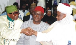  L-R: President, Christian  Association of Nigeria (CAN), Pastor Ayo Oritsejafor, Minister of Health, Prof. Onyebuchi Chukwu, and Sultan of Sokoto, Alhaji Sa'ad Abubakar, at a Summit for Child Health in Abuja, recently.