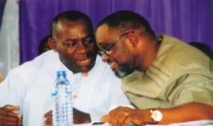 Permanent Secretary, SSG’s Office, Sovens Okari (left), discussing with Chairman, Port Harcourt City Local Government Area, Hon. Chimbiko Akarolo, during an inter-school debate for schools in Port Harcourt City, recently. Photo: Price Dele Obinna