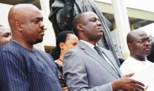 L-R: Deputy Speaker, Enugu State House of Assembly, Mr Chime Oji, Speaker, Mr Eugene Odoh and member, Mr Mathew Ugwueze, addressing Women for Peace and Justice, South-East zone, during a peaceful rally over the abduction of school girls in Chibok, in Enugu recently. Photo: NAN